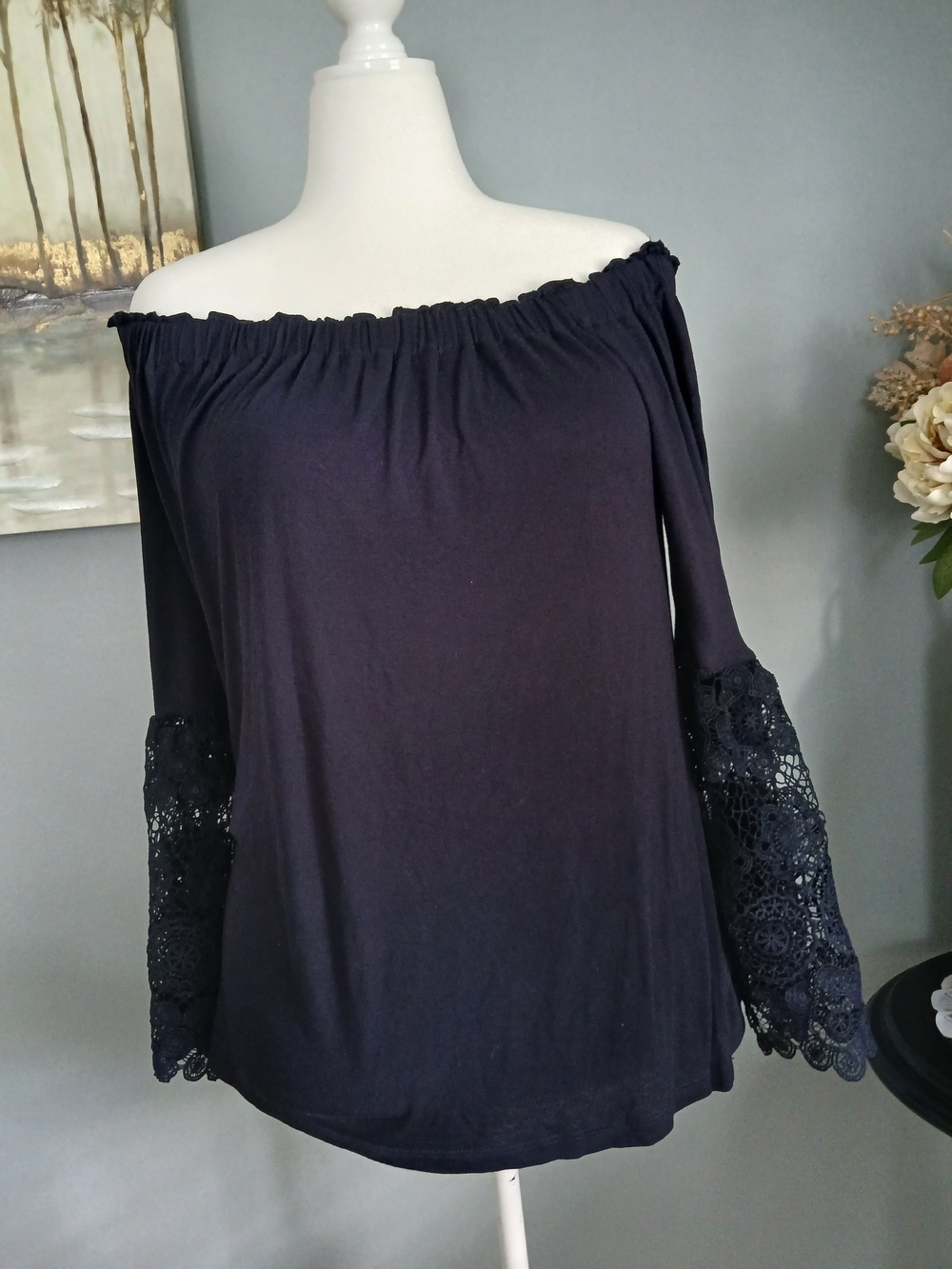 LOFT Navy Off-Shoulder Top with Crochet Bell Sleeves